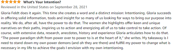 5-star Amazon review of Intentioning by Gloria Feldt